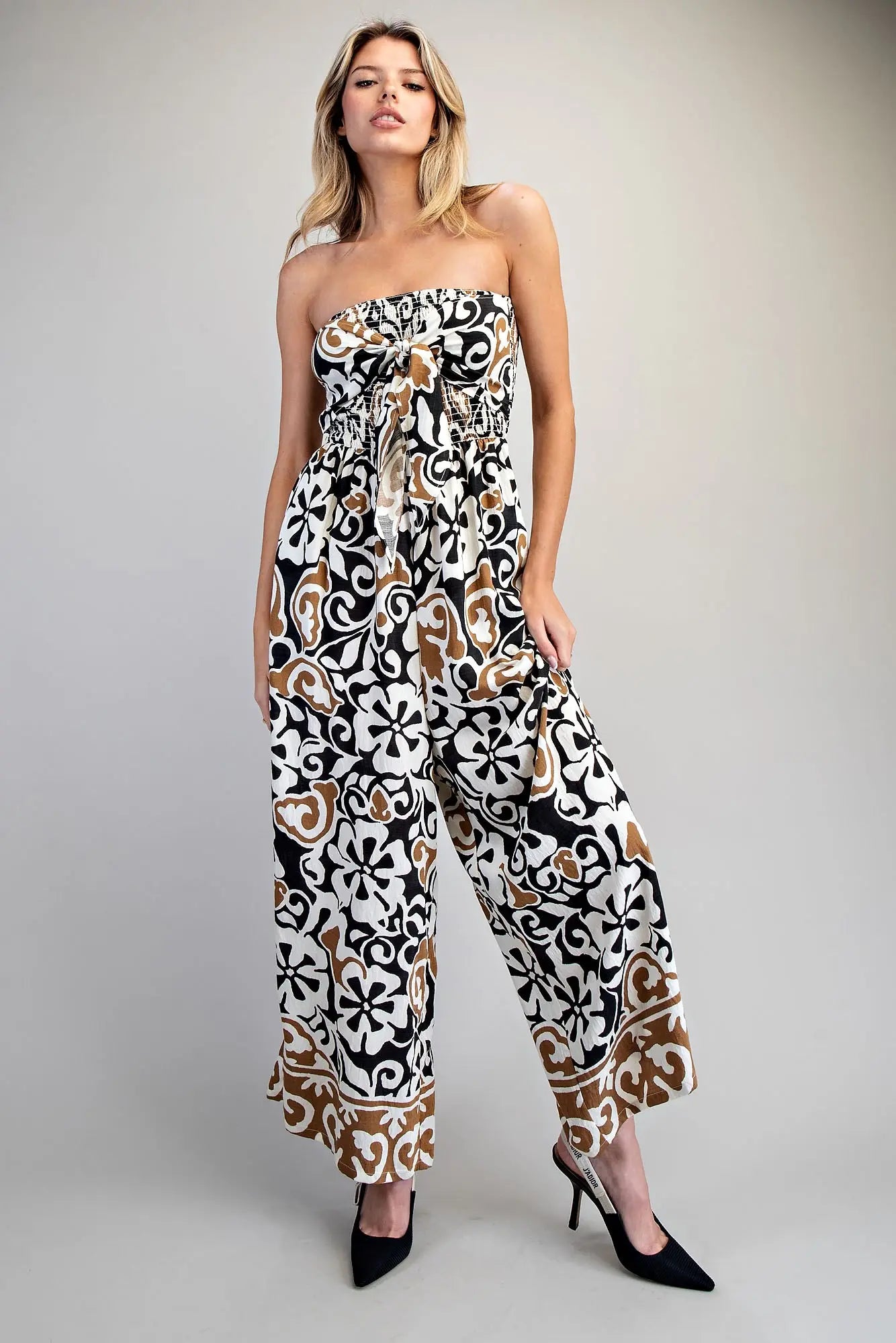 EESOME Printed Strapless Smocked Jumpsuit - Blush & Cactus
