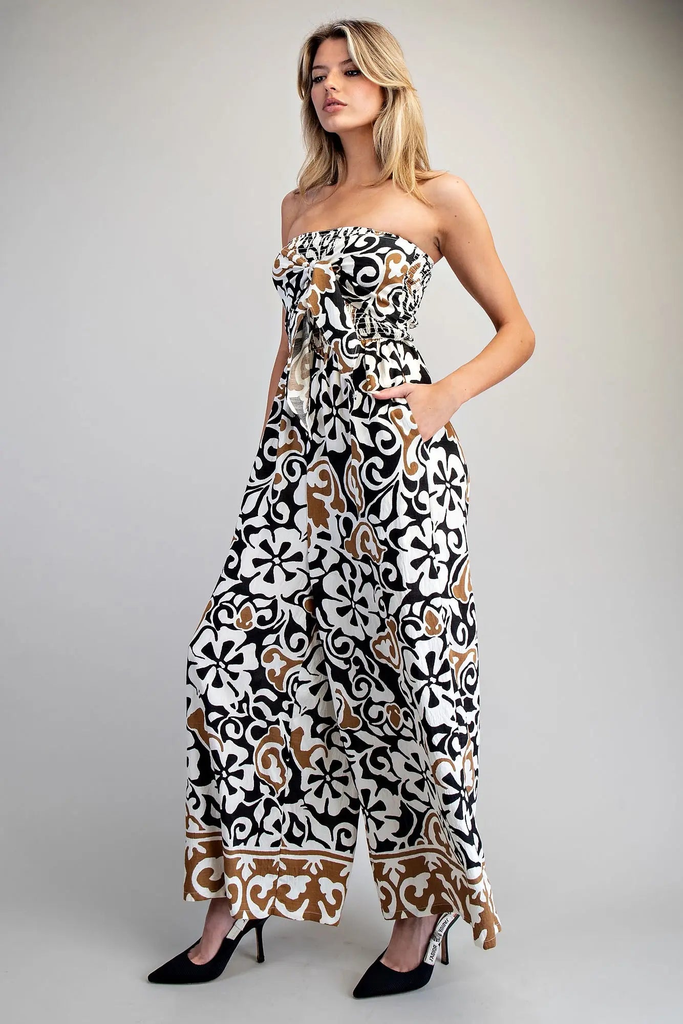 EESOME Printed Strapless Smocked Jumpsuit - Blush & Cactus