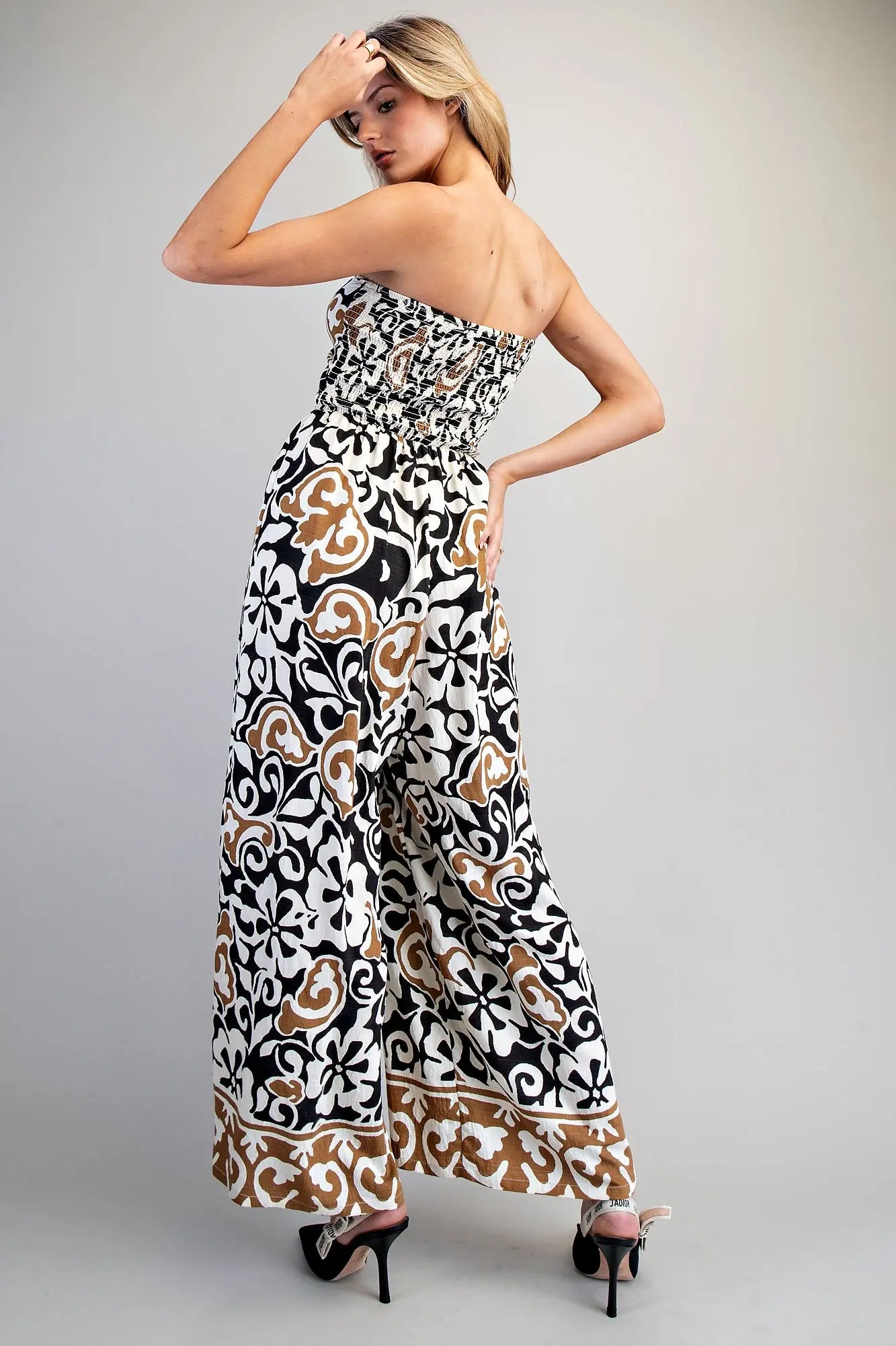 EESOME Printed Strapless Smocked Jumpsuit - Blush & Cactus