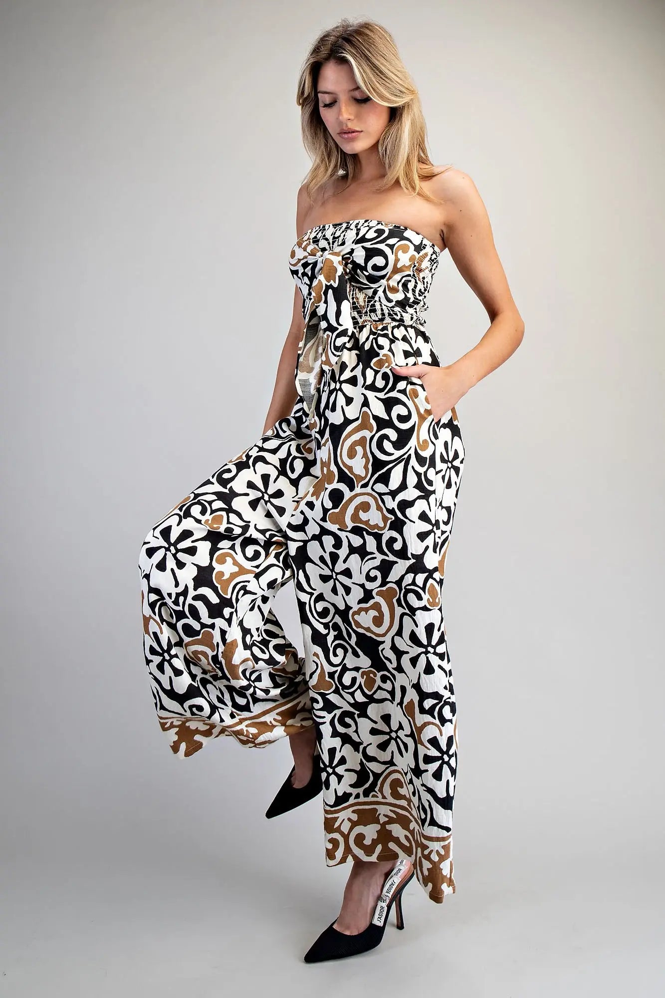 EESOME Printed Strapless Smocked Jumpsuit - Blush & Cactus