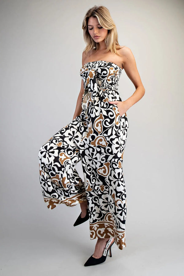 EESOME Printed Strapless Smocked Jumpsuit - Blush & Cactus