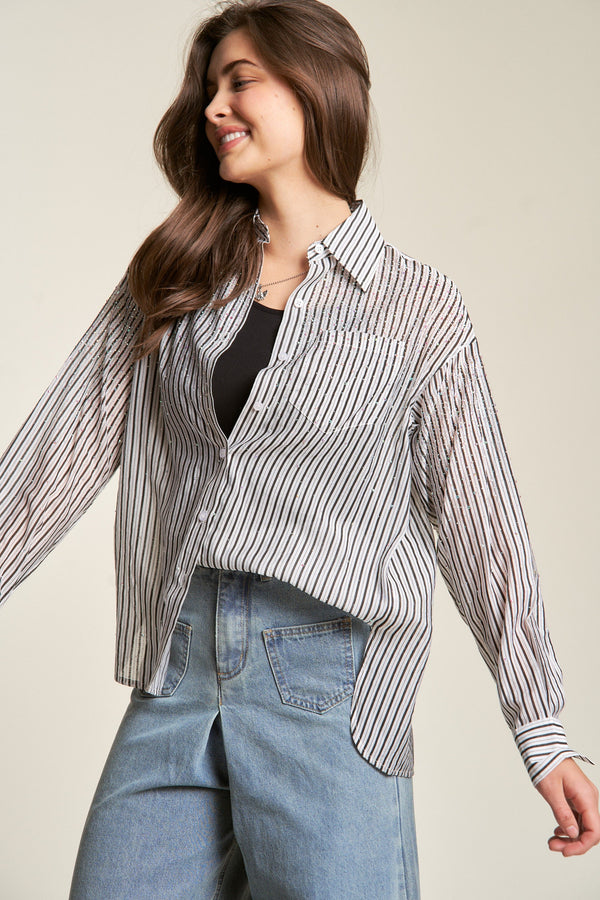 Stripe Rhinestone Button Long Sleeve Shirt - Curvy Size
