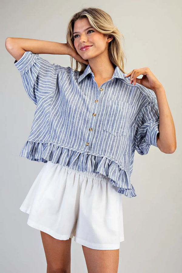 eesome Striped Button Down Ruffled Hem Shirt - Blush & Cactus