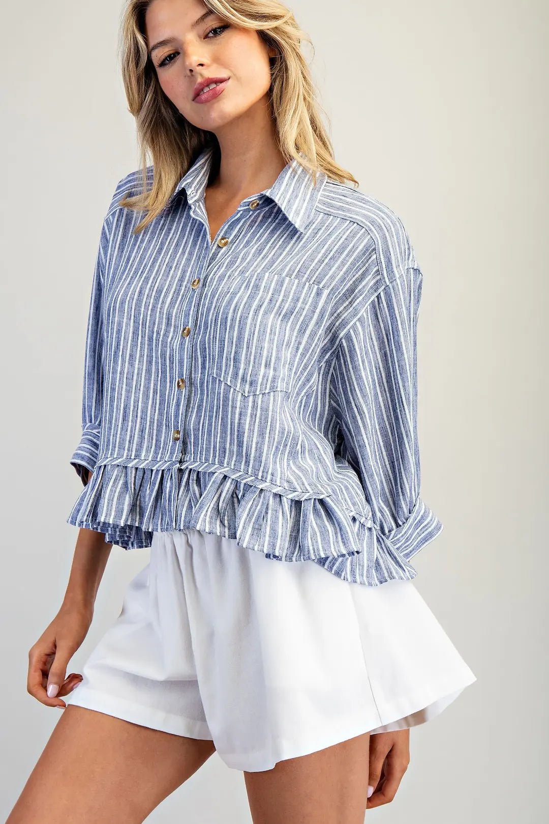 eesome Striped Button Down Ruffled Hem Shirt - Blush & Cactus