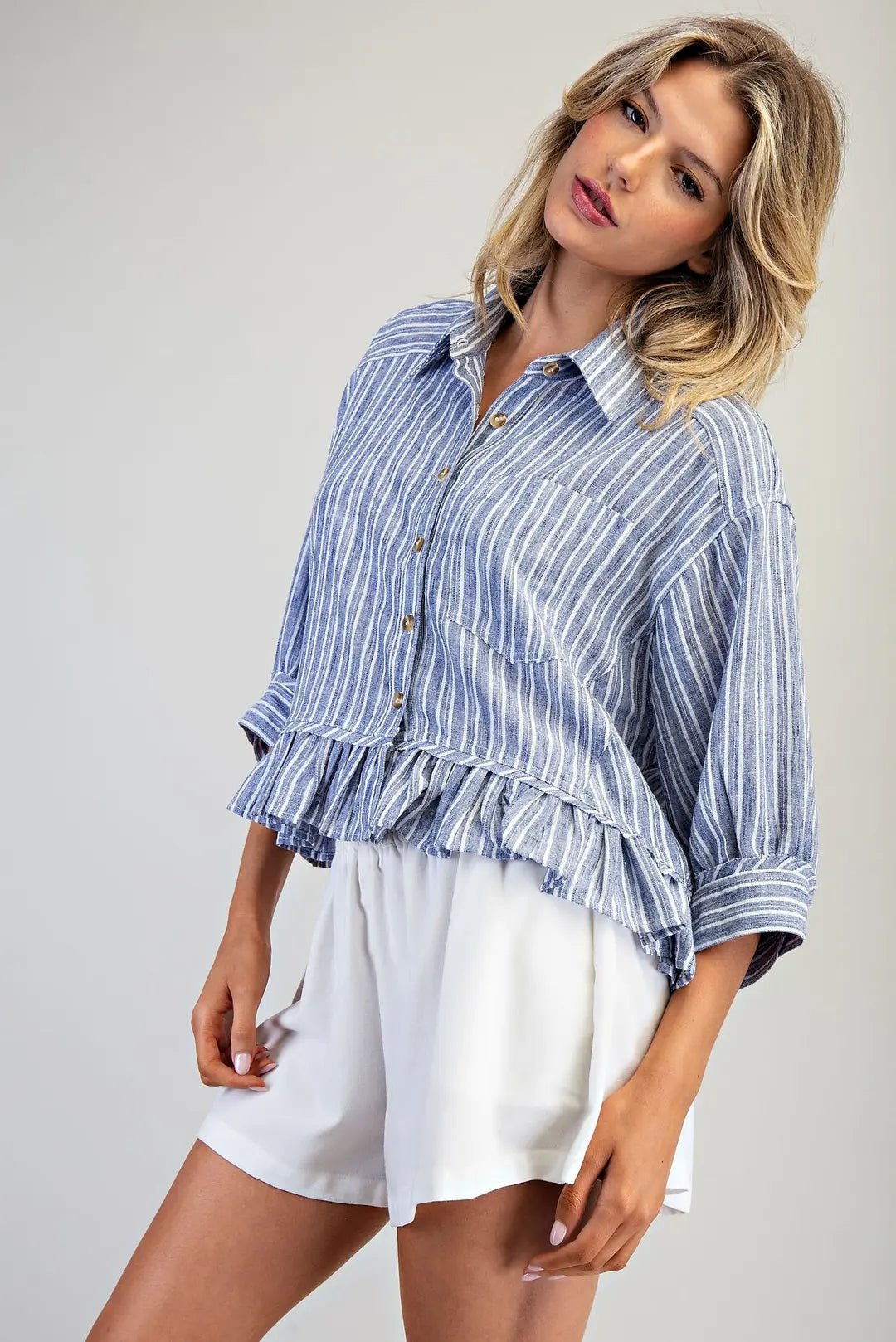 eesome Striped Button Down Ruffled Hem Shirt - Blush & Cactus