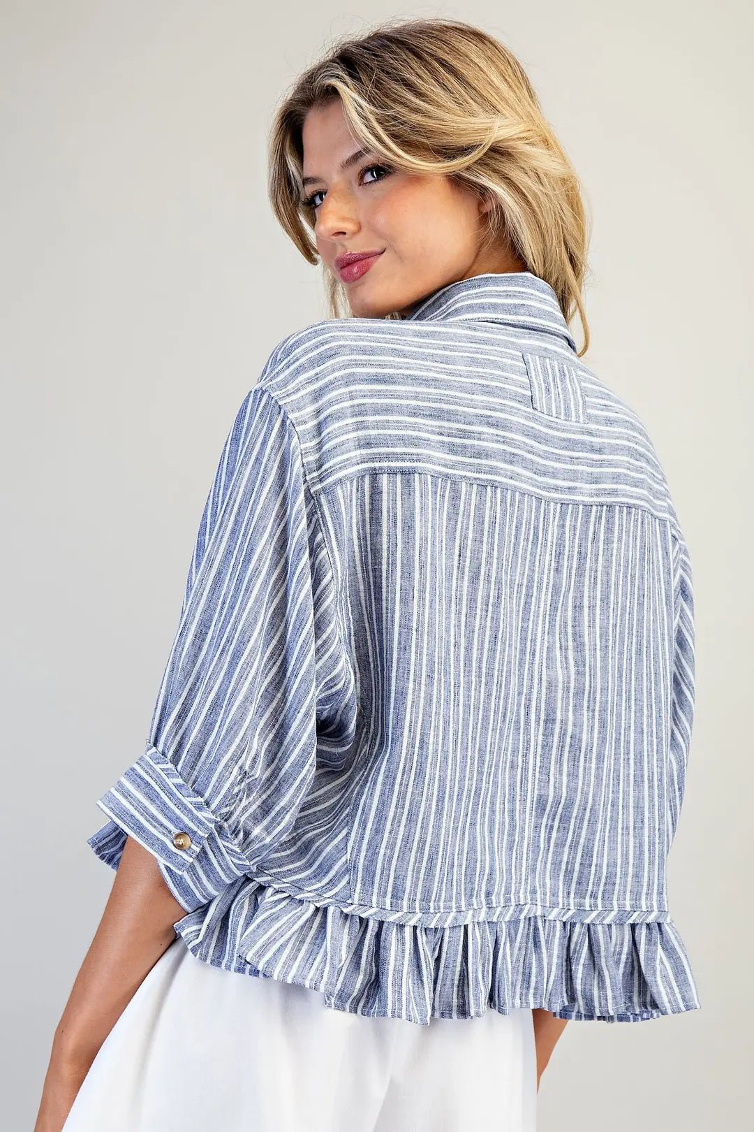 eesome Striped Button Down Ruffled Hem Shirt - Blush & Cactus