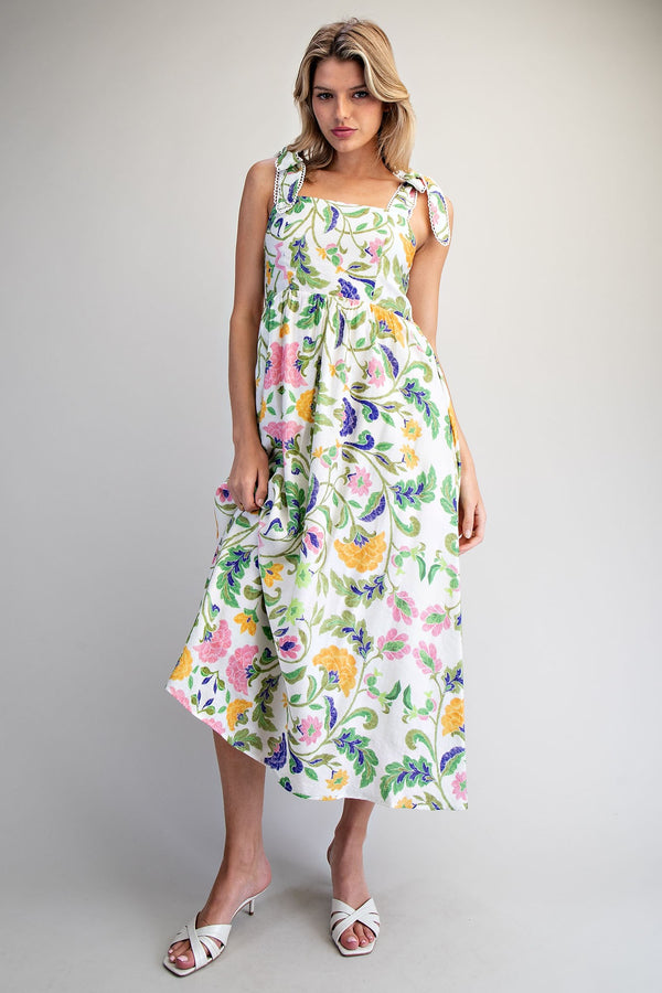 Floral Pattern Tie Strap Midi Dress - Blush & Cactus