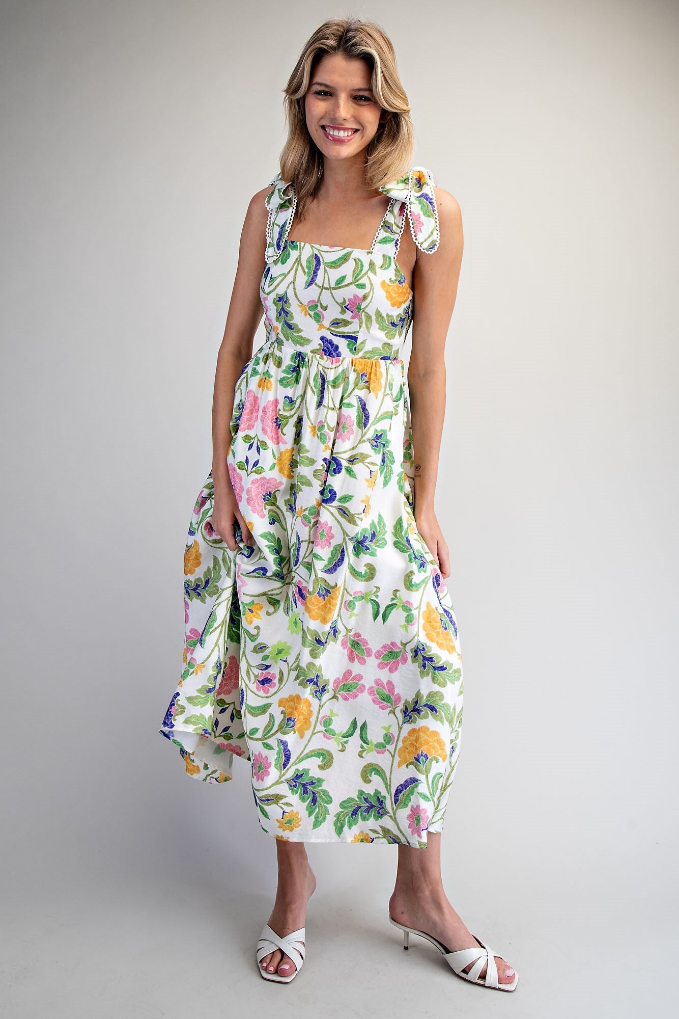Floral Pattern Tie Strap Midi Dress - Blush & Cactus