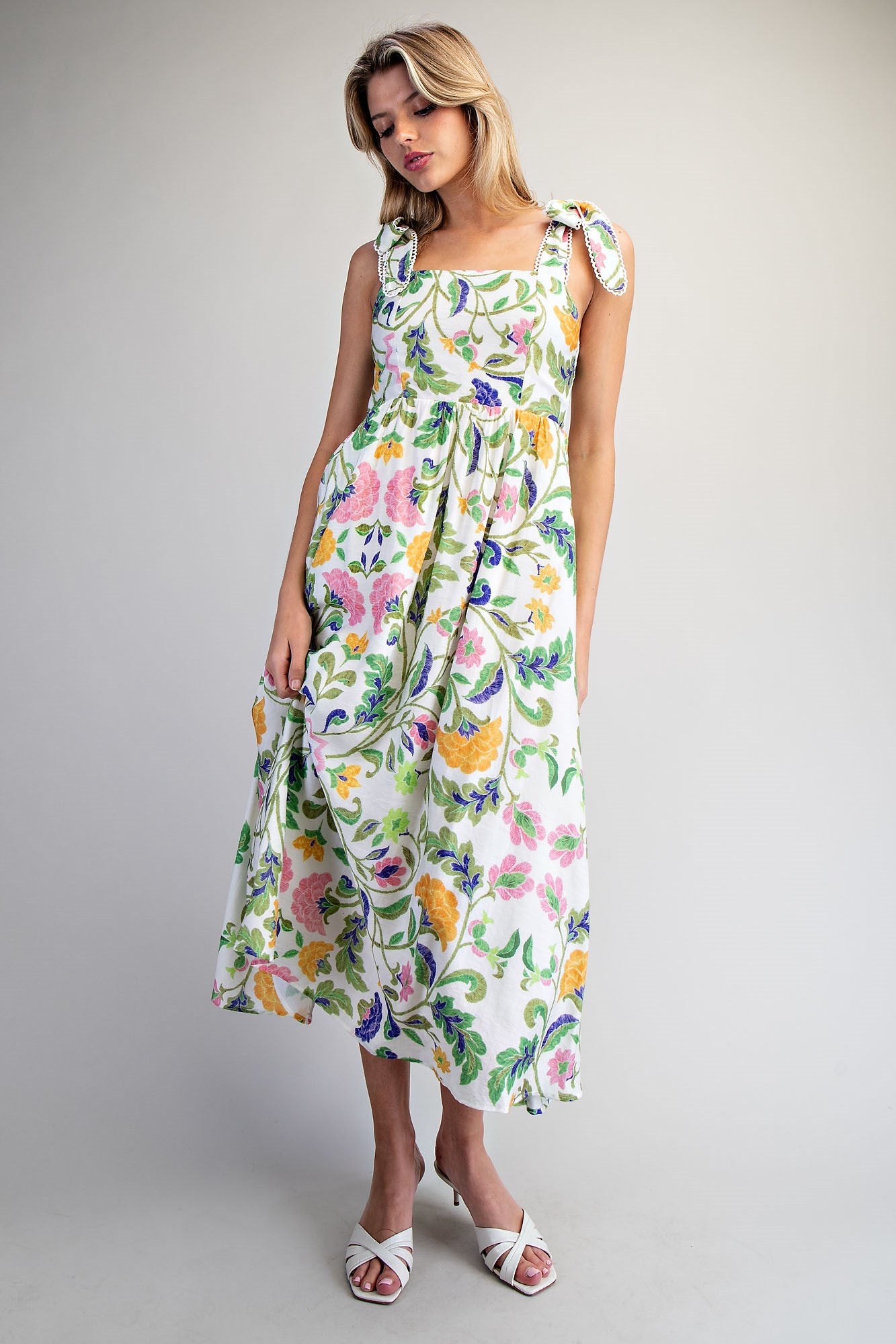 Floral Pattern Tie Strap Midi Dress - Blush & Cactus