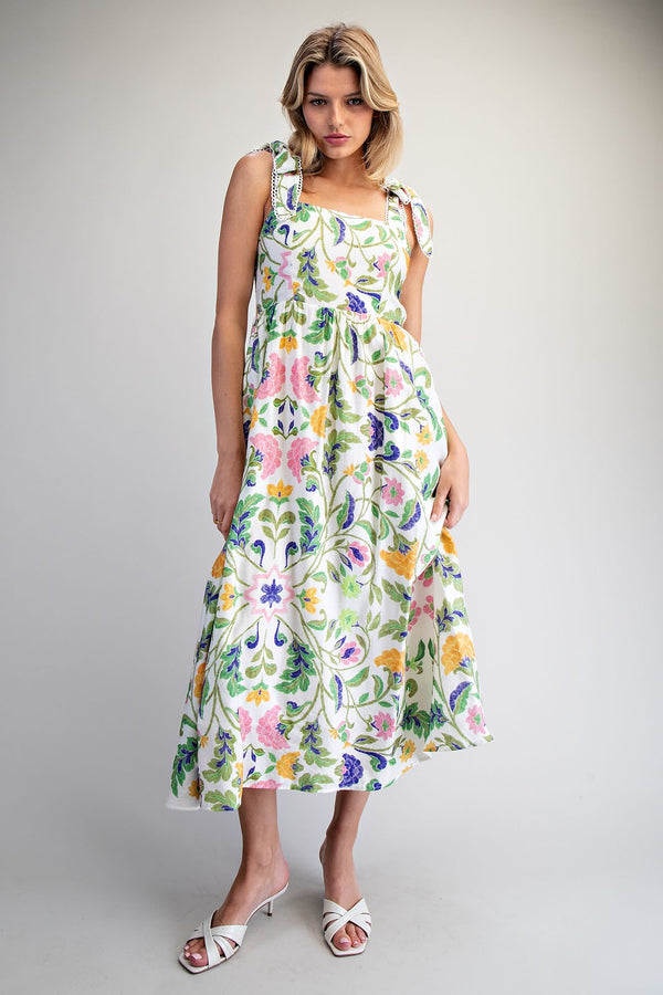 Floral Pattern Tie Strap Midi Dress - Blush & Cactus