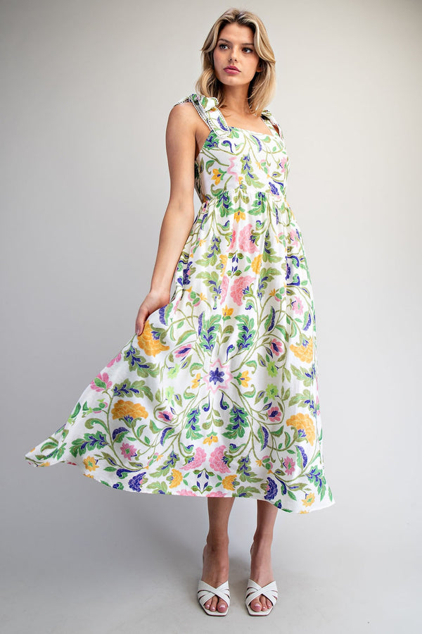 Floral Pattern Tie Strap Midi Dress - Blush & Cactus