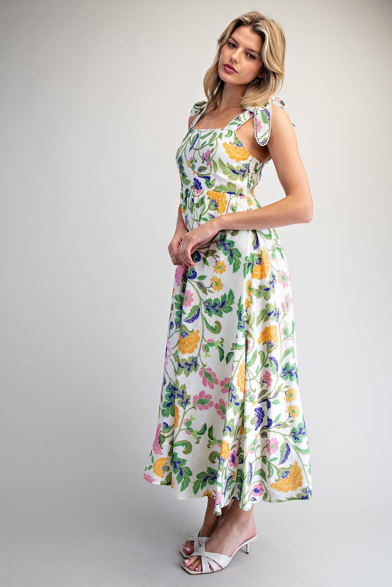 Floral Pattern Tie Strap Midi Dress - Blush & Cactus