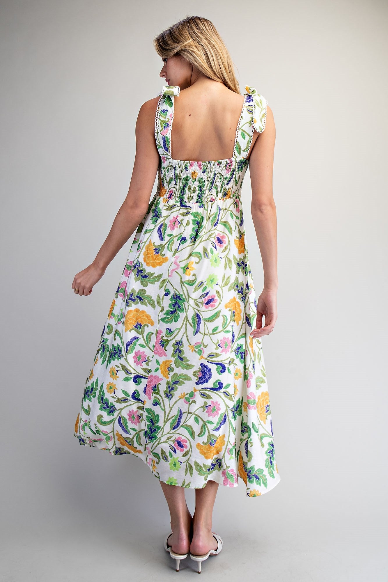 Floral Pattern Tie Strap Midi Dress - Blush & Cactus