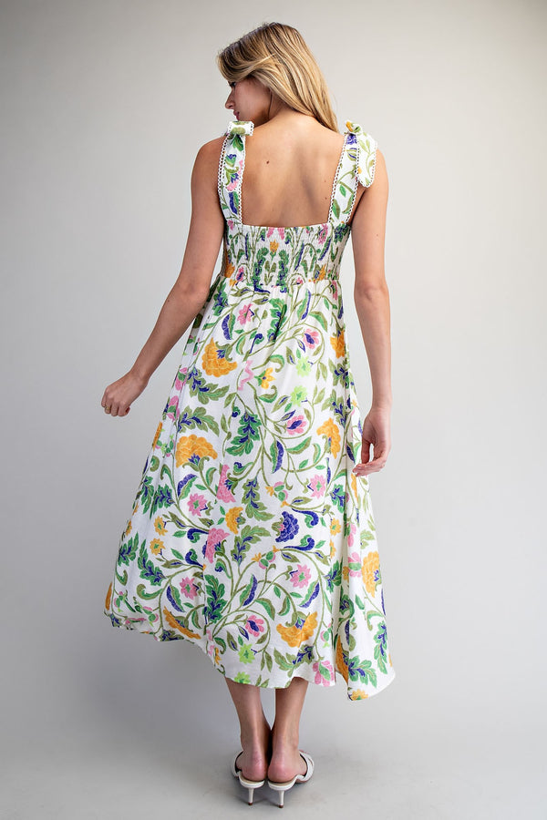 Floral Pattern Tie Strap Midi Dress - Blush & Cactus