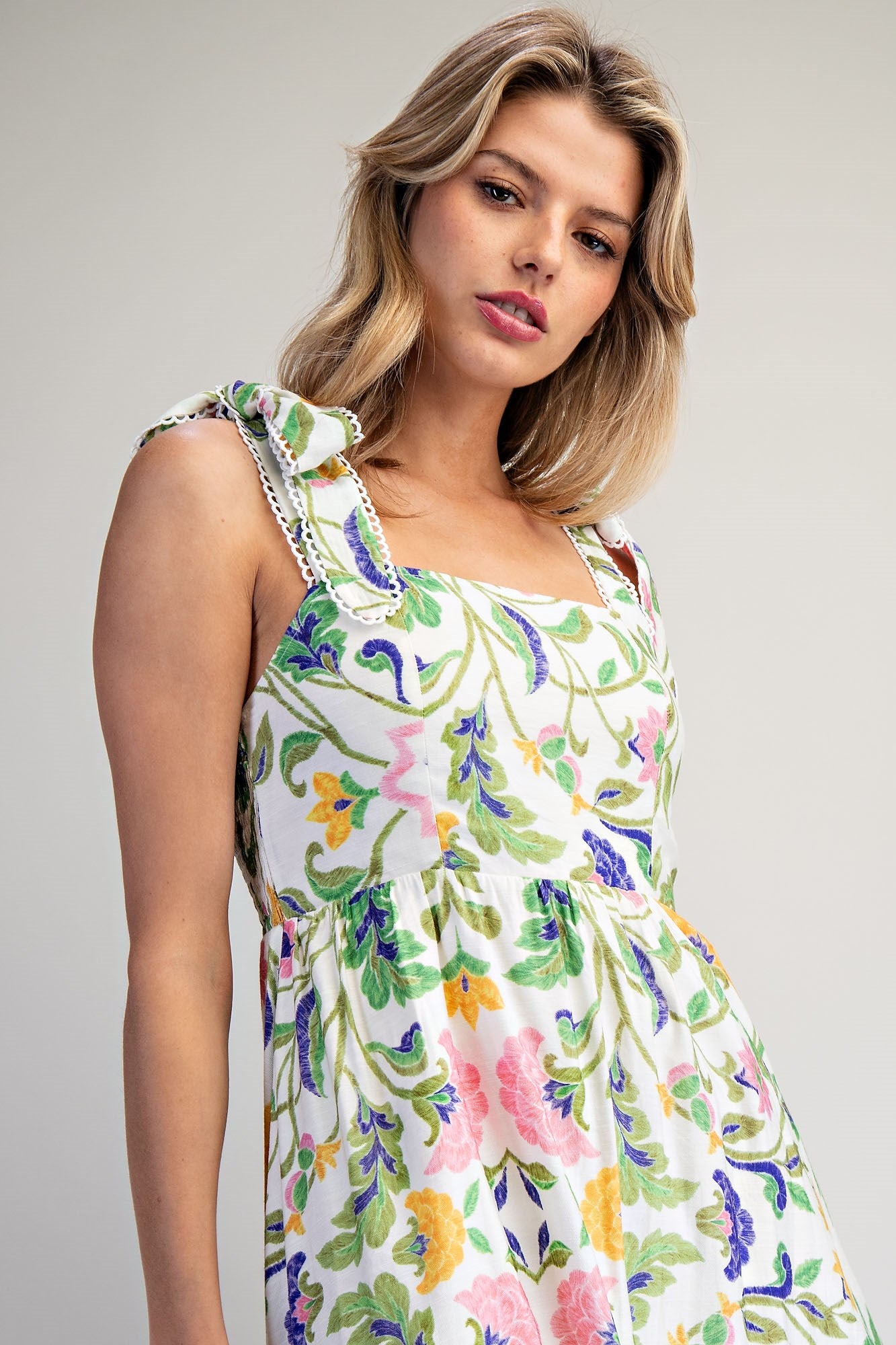 Floral Pattern Tie Strap Midi Dress - Blush & Cactus