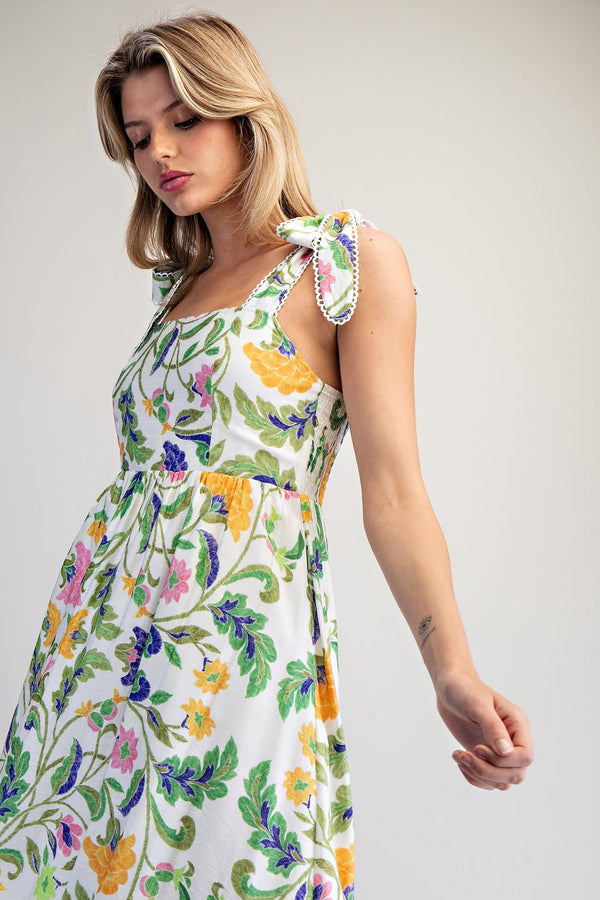 Floral Pattern Tie Strap Midi Dress - Blush & Cactus