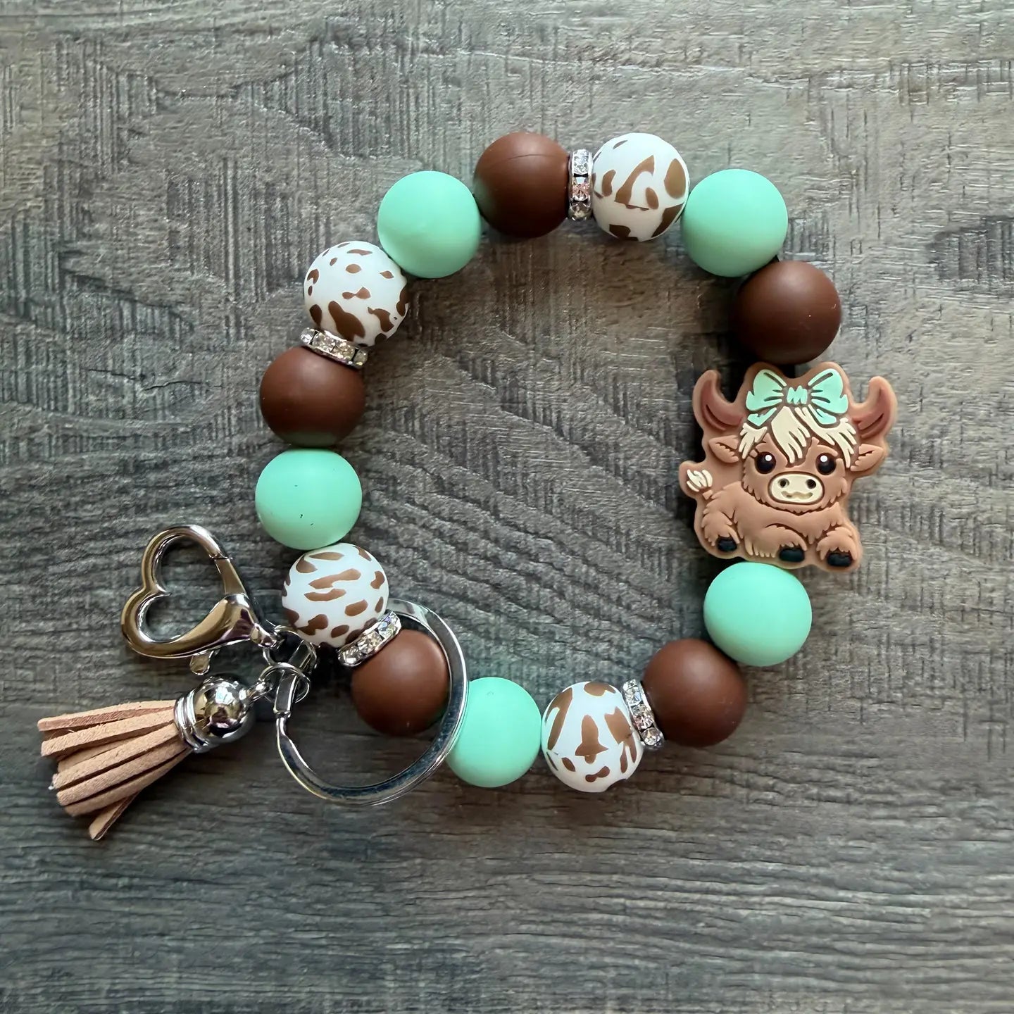 Cute Shaggy Cow Western Wristlet Keychain - Blush & Cactus