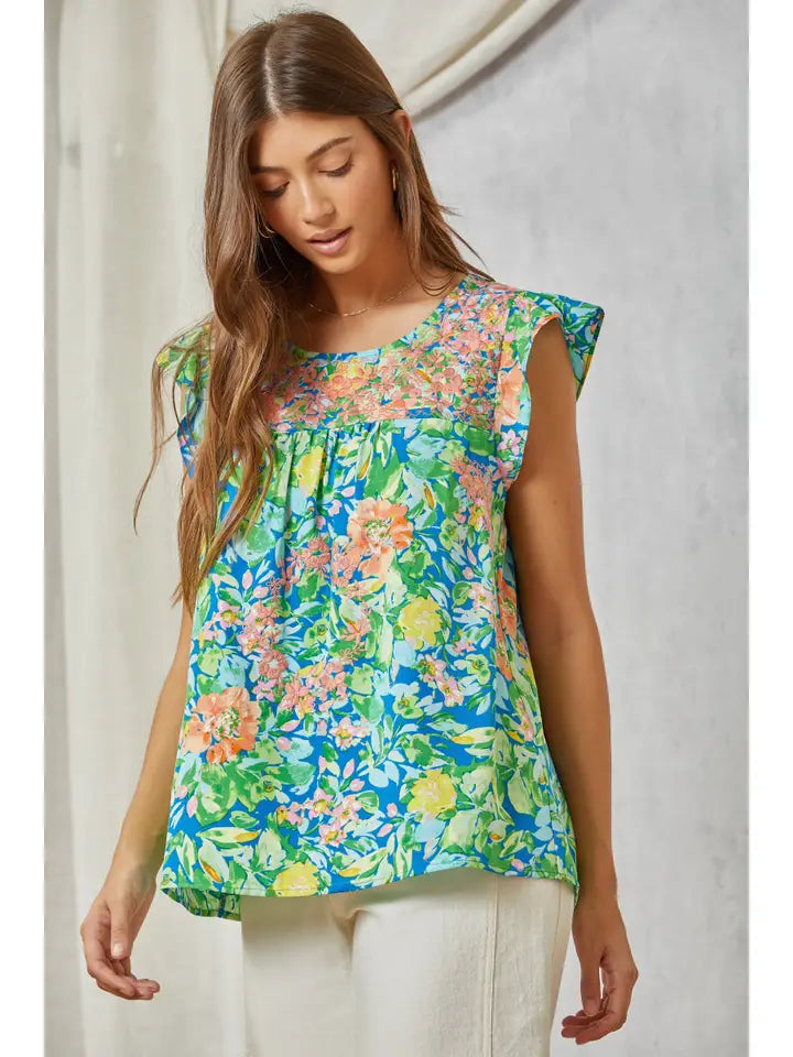 Savanna Jane Floral Printed Babydoll Top with Tonal Embroidery  - Curvy Size