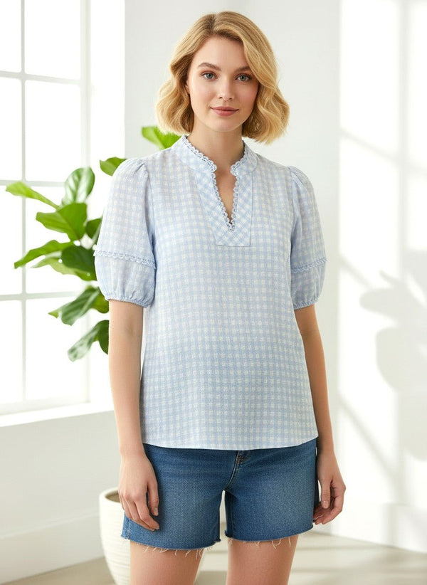 Blue Skies Gingham Puff Sleeve Top - Blush & Cactus