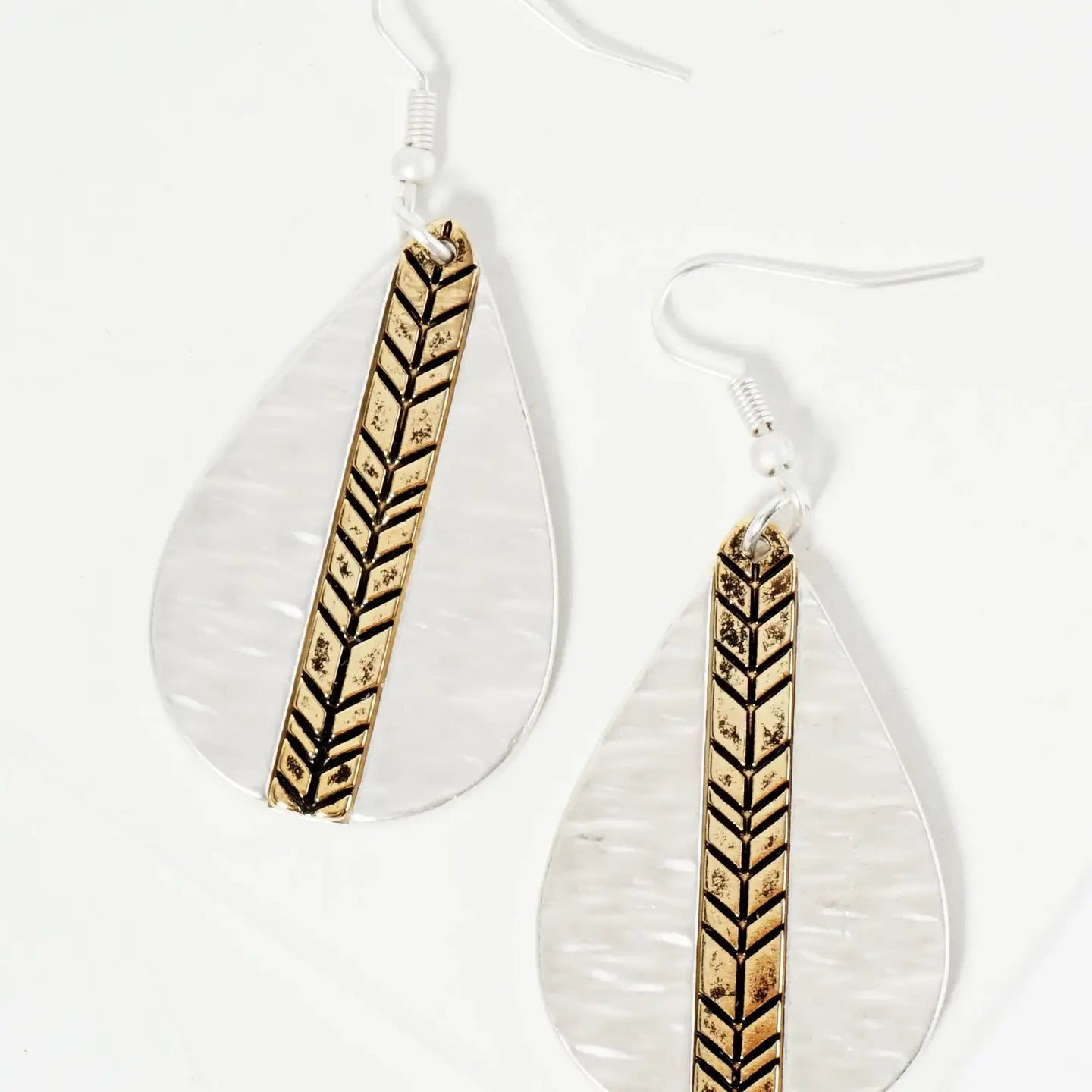 Dual - Tone Chevron Engraved Hammered Teardrop Dangle Earrings - Blush & Cactus