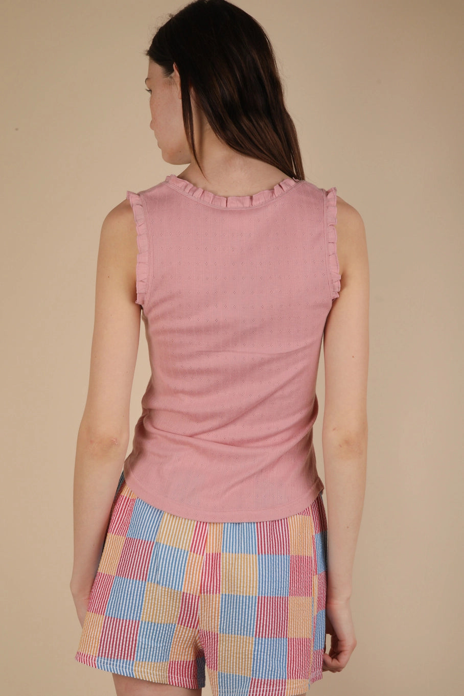 Bow Trim Ruffled Knit Tank Top
