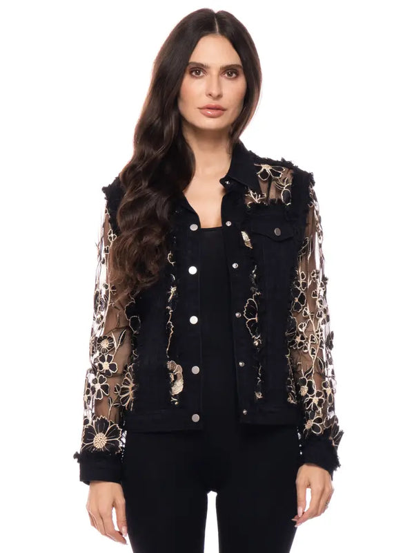 Floral Embroidered Mesh Sleeve Denim Jacket