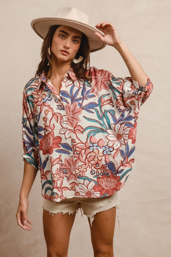 BIBI Floral Prints Oversized Shorts Sleeves Top