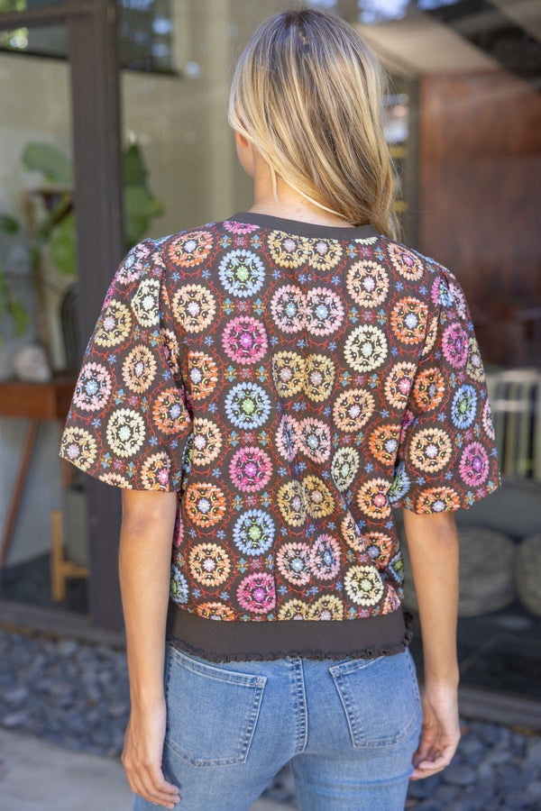 Floral Embroidered Print Bubble Sleeve Top - Blush & Cactus