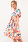SALE Square Neck Bubble Sleeve Floral Printed Dress - Blush & Cactus