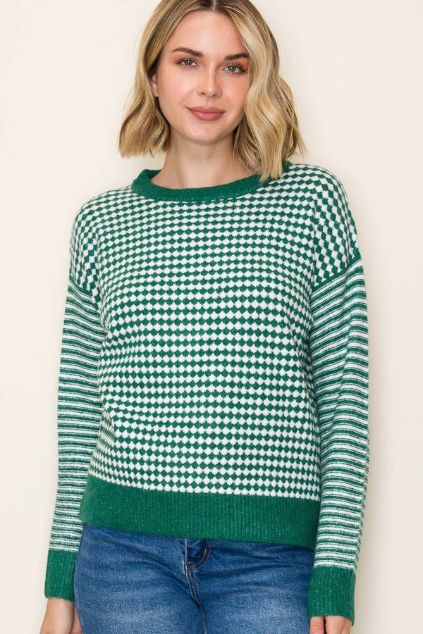 Checker Board And Stripe Mix Media Sweater - Blush & Cactus