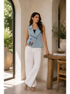 Light Wash Denim Vest with Embroidered Patches