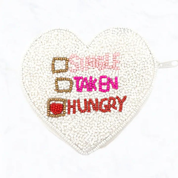 "Single, Taken, Hungry" Seed Bead, Heart Coin Bag