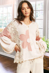 Davi & Dani Hoodie Oversized Knit Top with Flower Patch