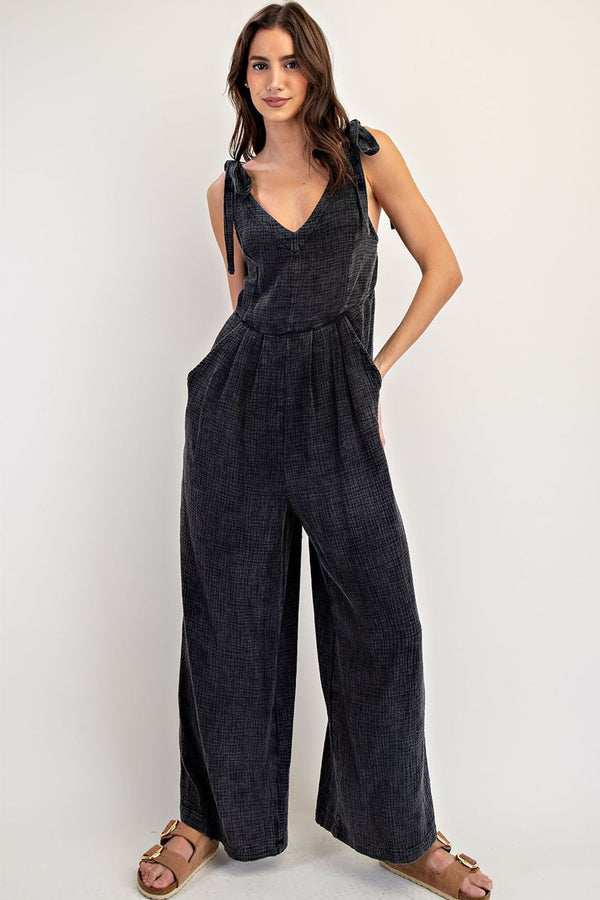 eesome Mineral Washed V-neck Cotton Gauze Jumpsuit