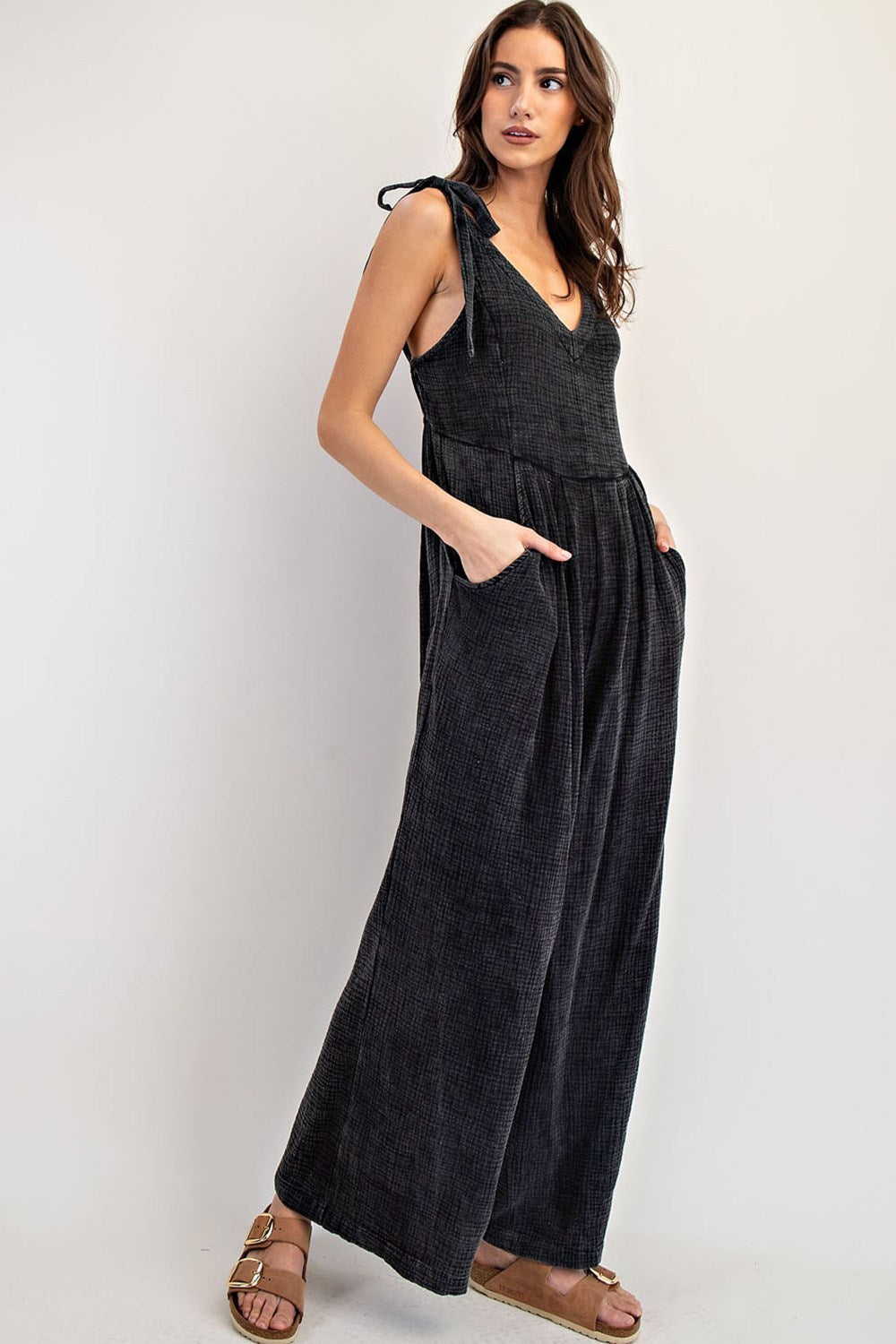 eesome Mineral Washed V-neck Cotton Gauze Jumpsuit