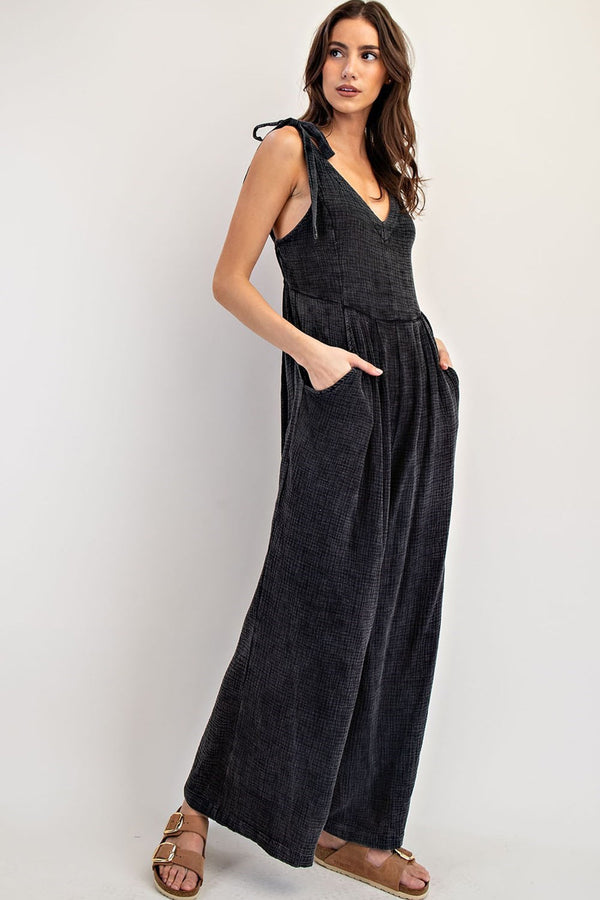 eesome Mineral Washed V-neck Cotton Gauze Jumpsuit