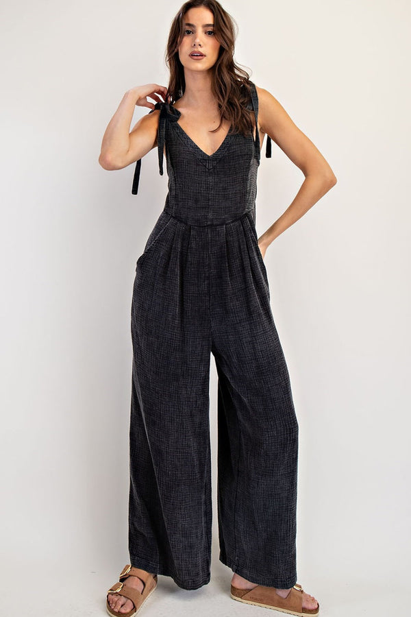eesome Mineral Washed V-neck Cotton Gauze Jumpsuit