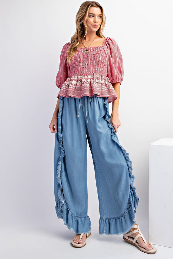Easel Ruffle Chambray Pant - Blush & Cactus