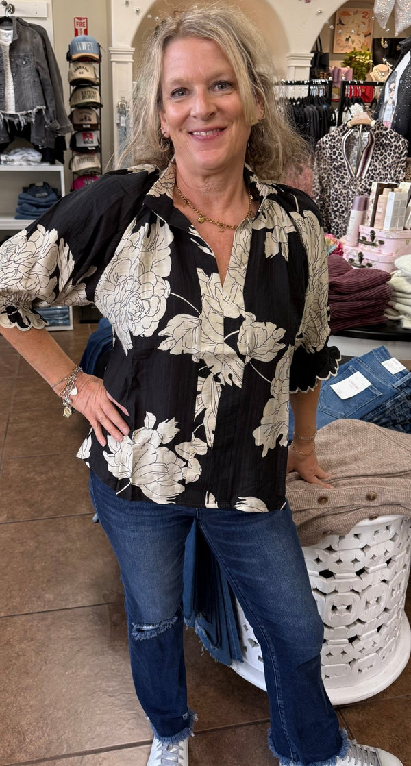 Umgee Peony Print High Neck Top - Blush & Cactus