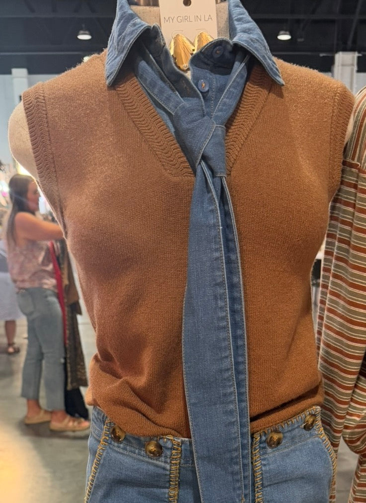 Denim Tie Neck Sleeveless Knit Top