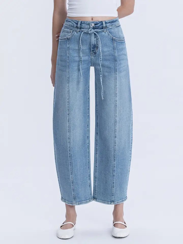 Lovervet High Rise Waist Tie Crop Wide Barrel Jeans - Blush & Cactus