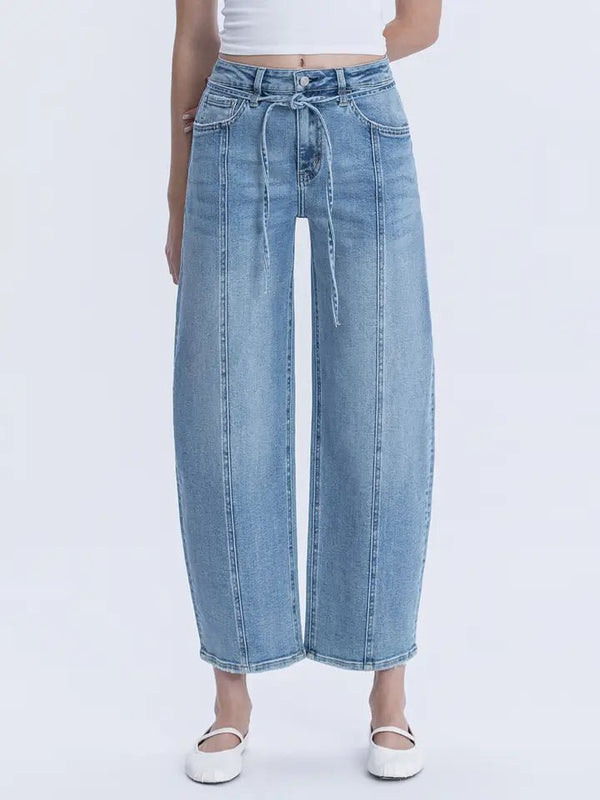 Lovervet High Rise Waist Tie Crop Wide Barrel Jeans - Blush & Cactus