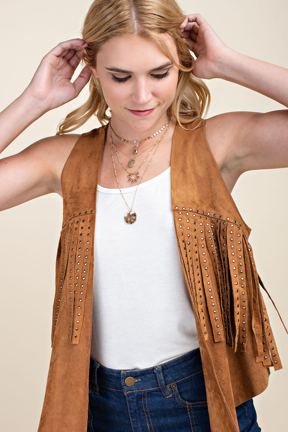 Suede Vest with Studded Fringe