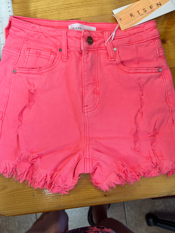 Risen High Rise Distressed Detail Shorts - Coral Color