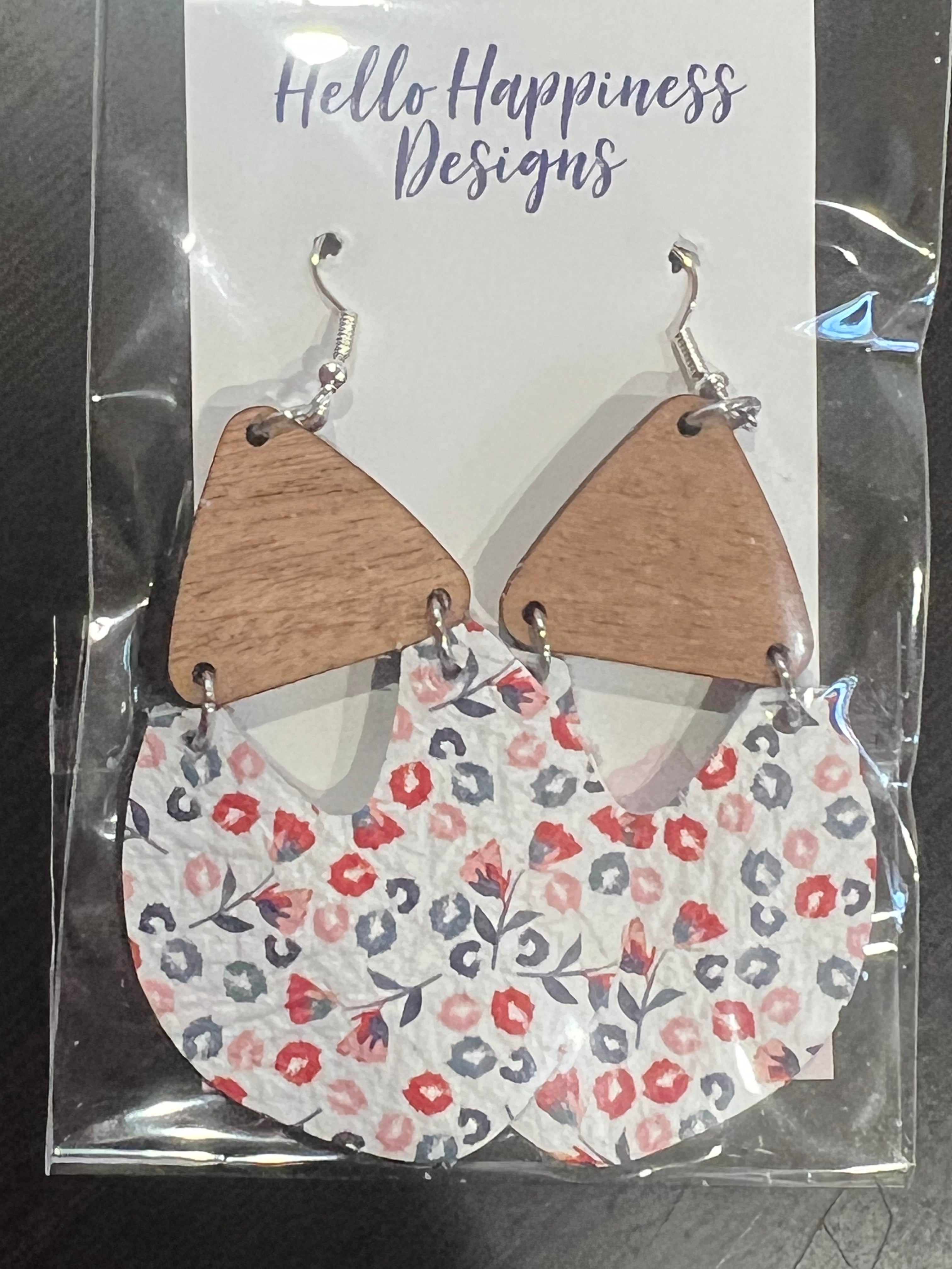 Micro Floral & Leather Wood Drop Dangle Earrings