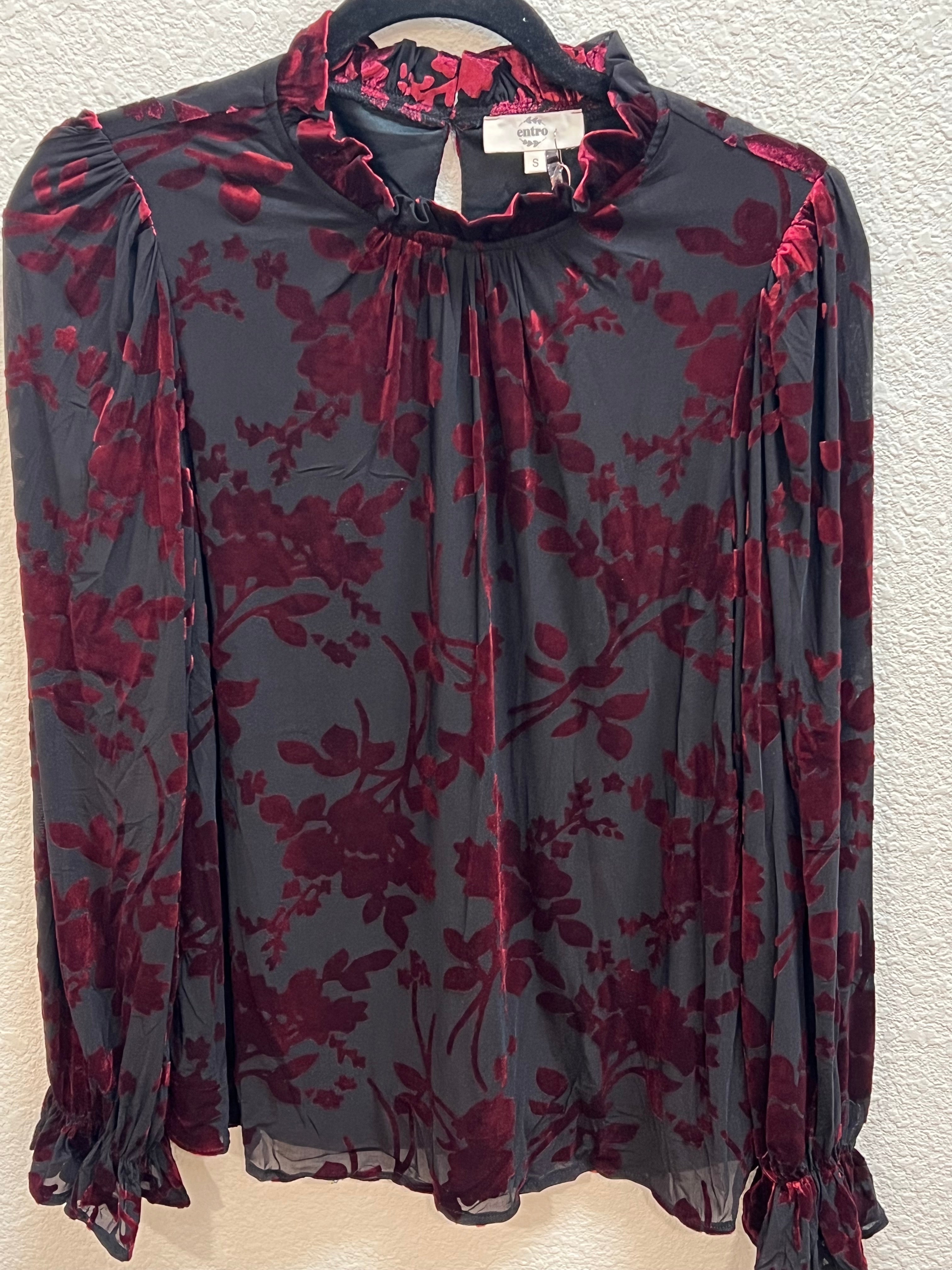 Velvet Floral print Long Sleeve top featuring ruffle detail at cuffs