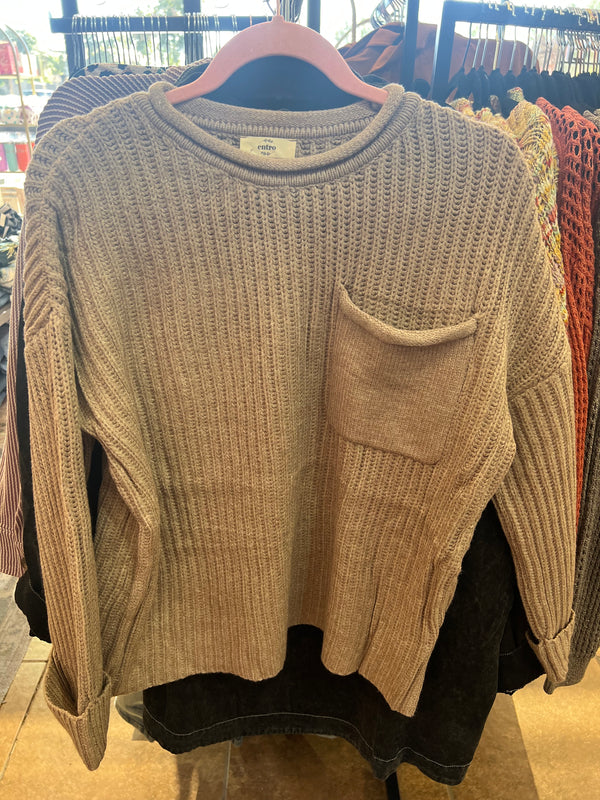 Solid round Neck Long Sleeve Sweater - Mocha