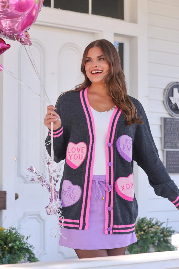 Chenille Patch Candy Hearts Relaxed Cardigan - Blush & Cactus