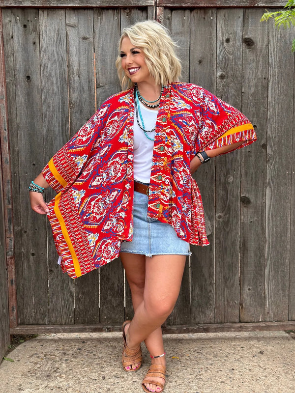 Mae Turquoise Or Red Short-Sleeve Kimono