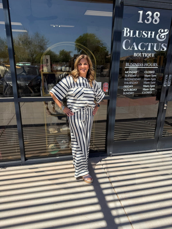 Mixed - stripe Terry Wide - leg Pants & Top Set - Blush & Cactus